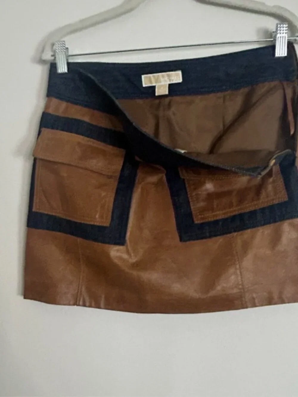 Michael Kors Genuine Leather and Denim Lined Pocket Side Zip Cargo Mini Skirt